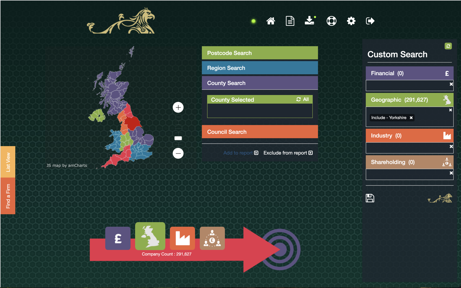 UK Financial Analysis platform with geographic screening options