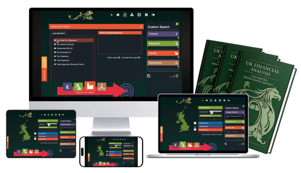 UK Financial Analysis platform preview across desktop, laptop, tablet and mobile devices